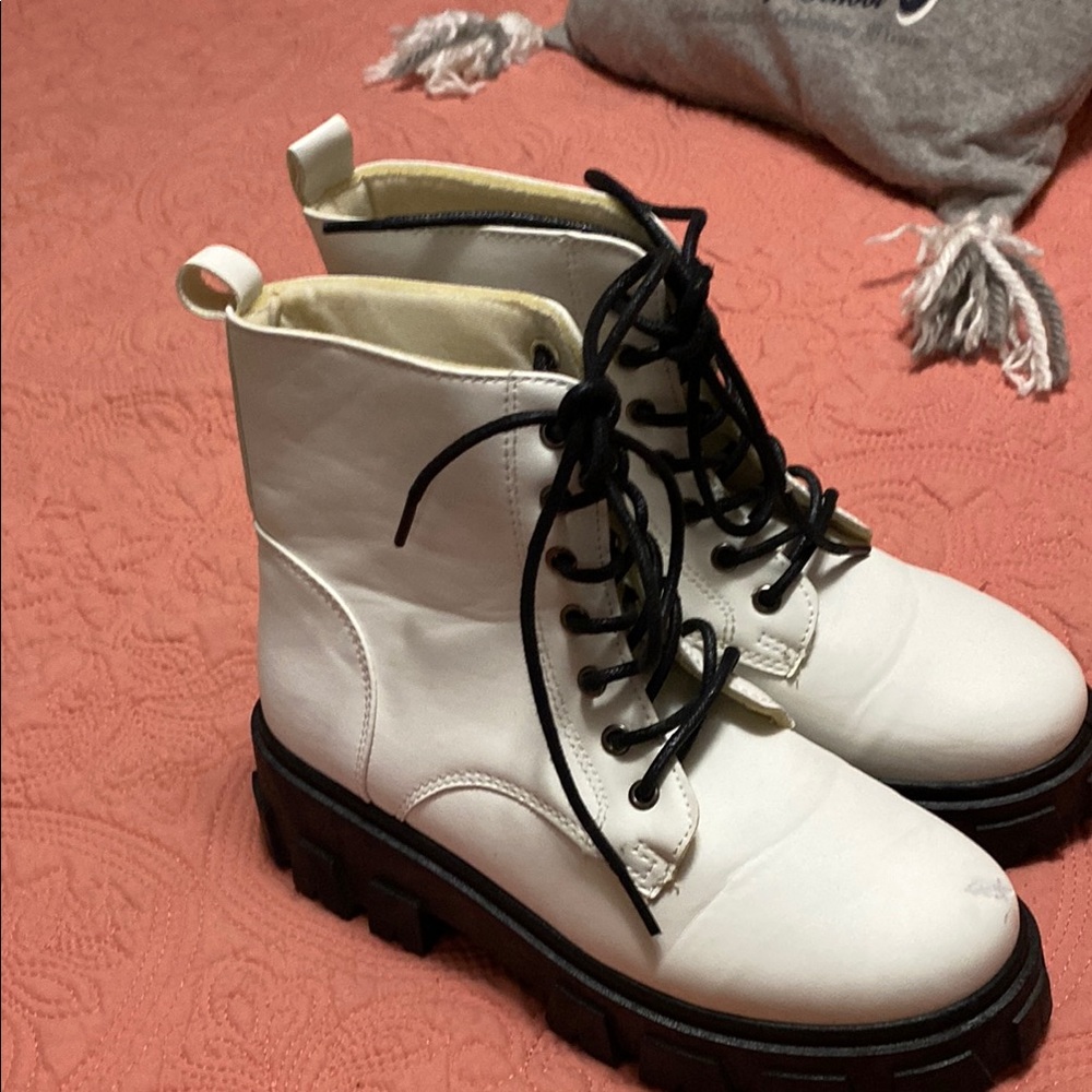 Off-White Leather Combat Boots with Black Laces